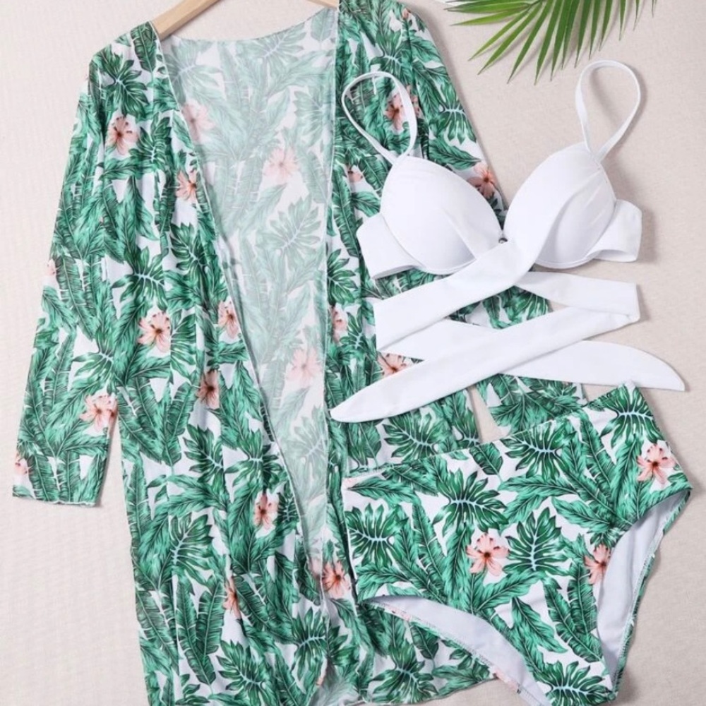 Three piece swimwear with cover-up.